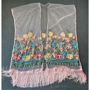 Sheer Embroidered Floral Kimono Womens Oversize Pink Boho Festival Fringe Duster